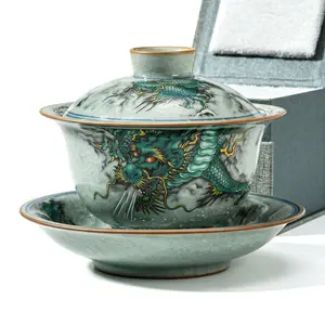 Chinese Green Dragon Gaiwan, Hand-Painted Crackle Glaze Gongfu Tea Set, Lucky Dragon Tea Lover Gift