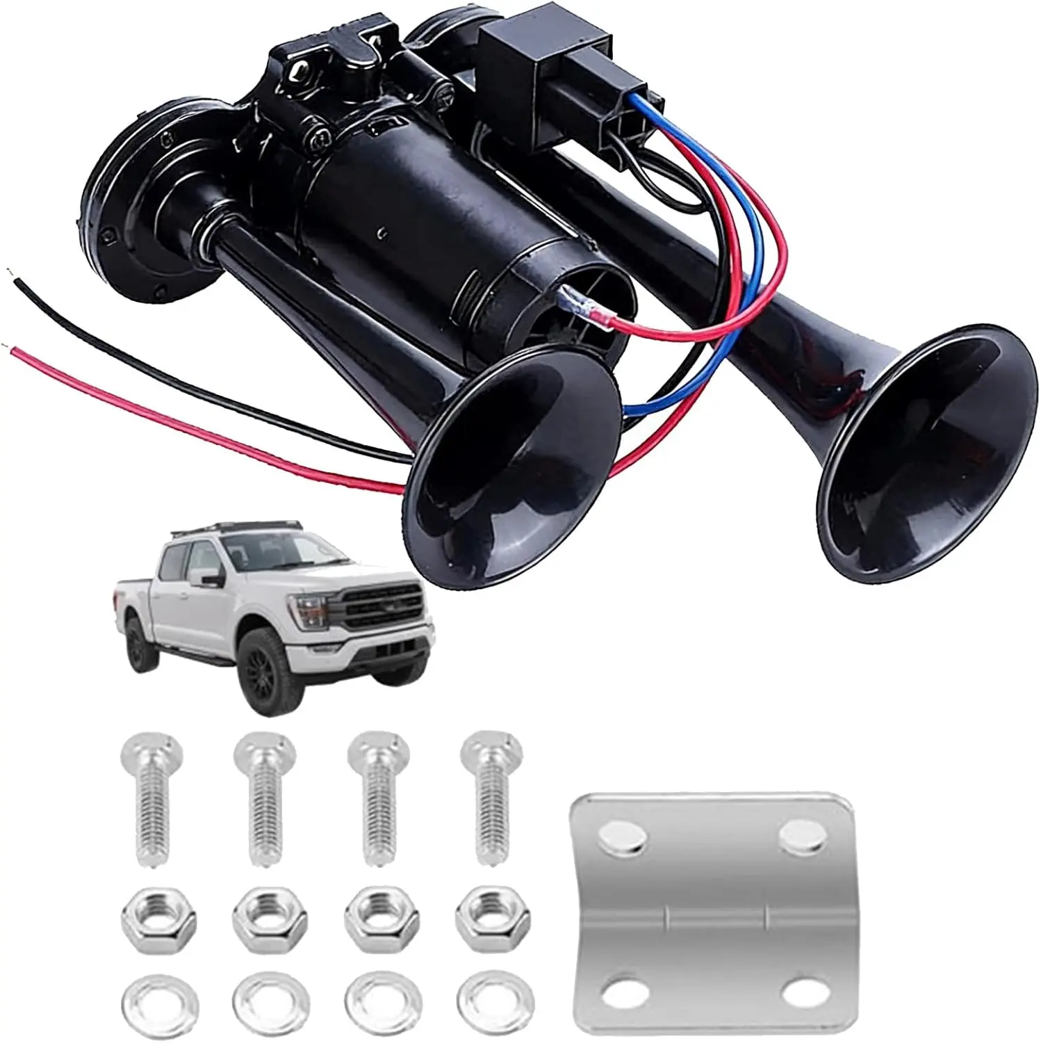 12V Super Loud Dual Electric Air Horns Kit with Compressor Applicablefor Any 12V Vehicles SUV Truck Car Airhorns Horn Loud Motorcycle Trucks Boats Trains Speaker (Black)