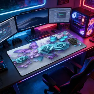 Teal Purple Floral Large Extended Gaming Mouse Pad, Mouse Pad Cute, Non-Slip Rubber Base Stitched Lock Edge Desk Mat, Aesthetic Botanical Design Desk Pad, Durable Computer Accessory for Home Office & Gaming Setup, Perfect Gift for Gamer & Floral