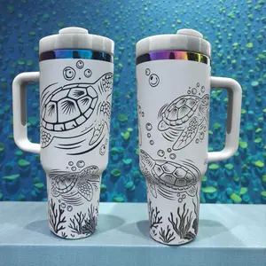 Sea Turtle Laser Engraved Tumbler with Unique Oceanic Design and Secure Grip Handle