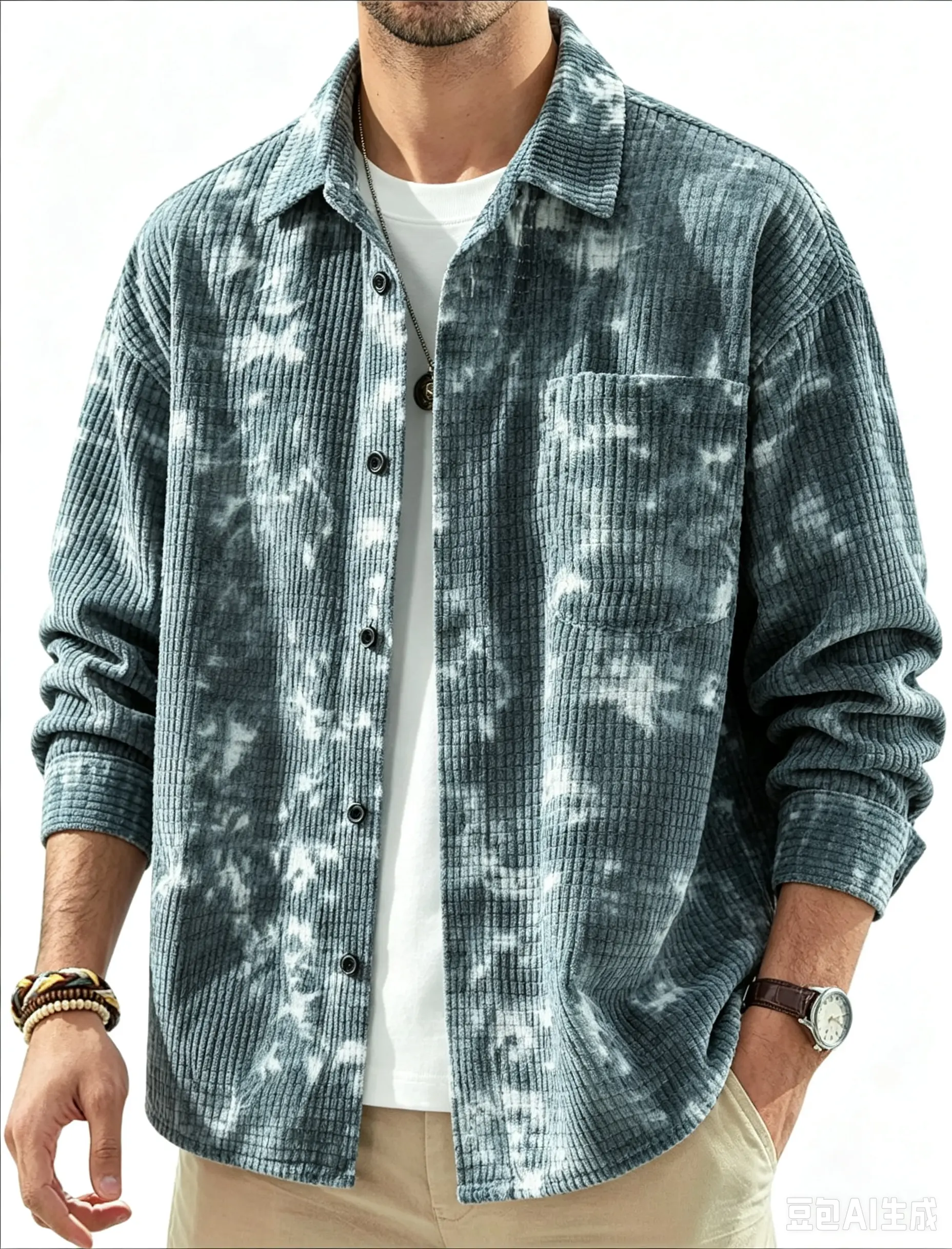 Men’s tie-dye ribbed knit button-front cropped top, long sleeves, oversized casual shirt jacket with chest pocket design, loose fit with a textured corduroy fabric, suitable for streetwear and everyday outdoor wear.