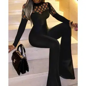 Women's Patchwork Sexy Diamond Mesh Waist-Cinching Slim Fit Flared Jumpsuit Womenswear Overalls