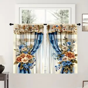 [Hand-Painted Floral Valance Curtains] 2pcs Hand-Painted Bohemian Farmhouse Floral Valance Curtains - Light Filtering, 100% Polyester, Rod Pocket Design - For Kitchen, Living Room, Office & Bedroom Decor high ceiling set inganchos custom drapery panel