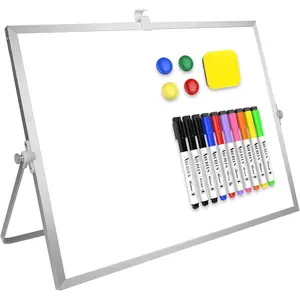 Dry Erase White Board, 16inX12in Large  Desktop Whiteboard with Stand, 10 Markers, 4 , 1 Eraser, Portable Double-Sided White Board Easel for Memo  Desk Office