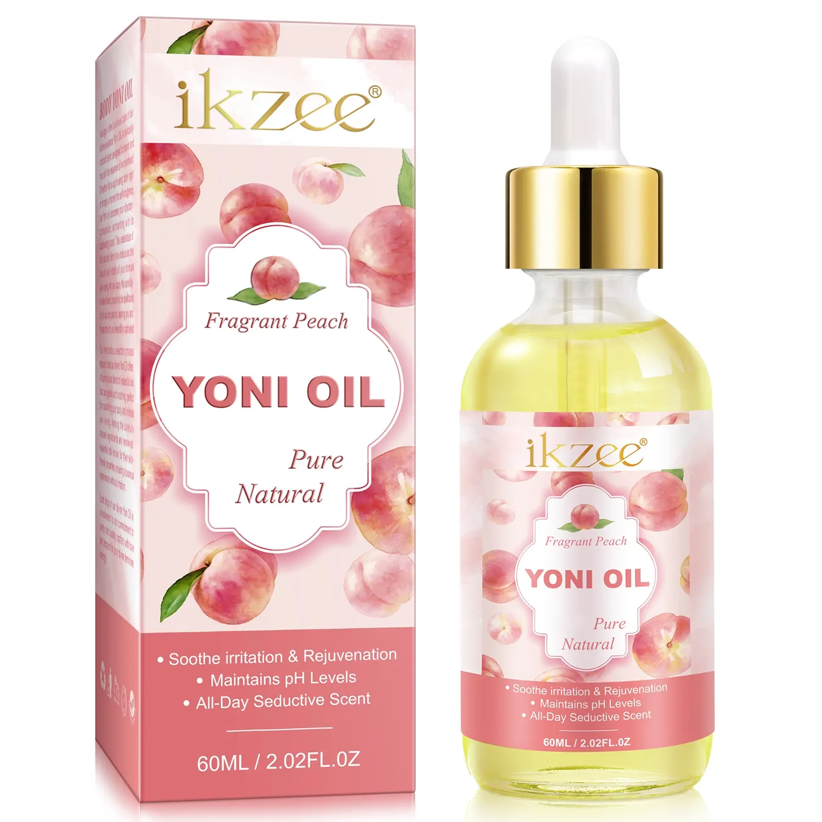 Ikzee Peach Flavor Yoni Oil, Natural Women's Intimate Moisturizing Non Aerosol Deodorant, Body Care, Ph Balance, Improves Odor, Rose, Coconut, Jojoba Essential Oil, All-Natural Essence