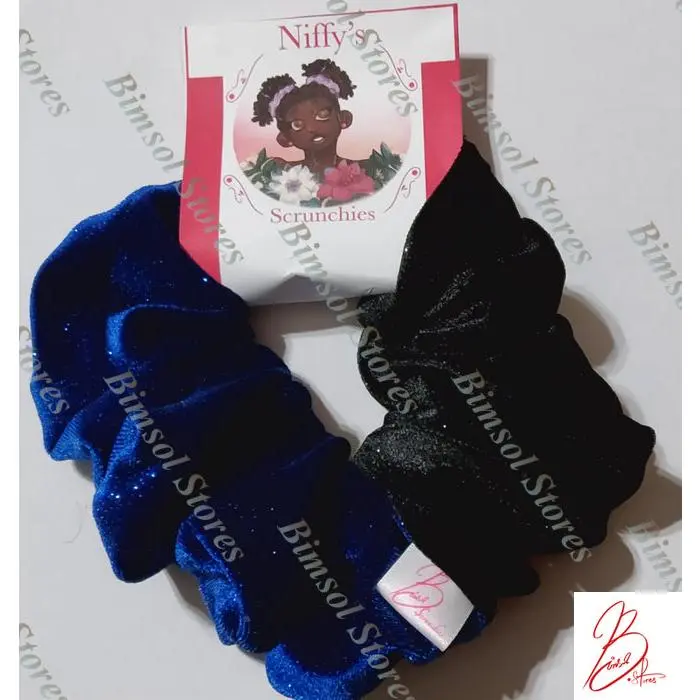 Bella Scrunchies - Black & Blue - Soft Fabric - Ideal for Hair Care - Brand Bella