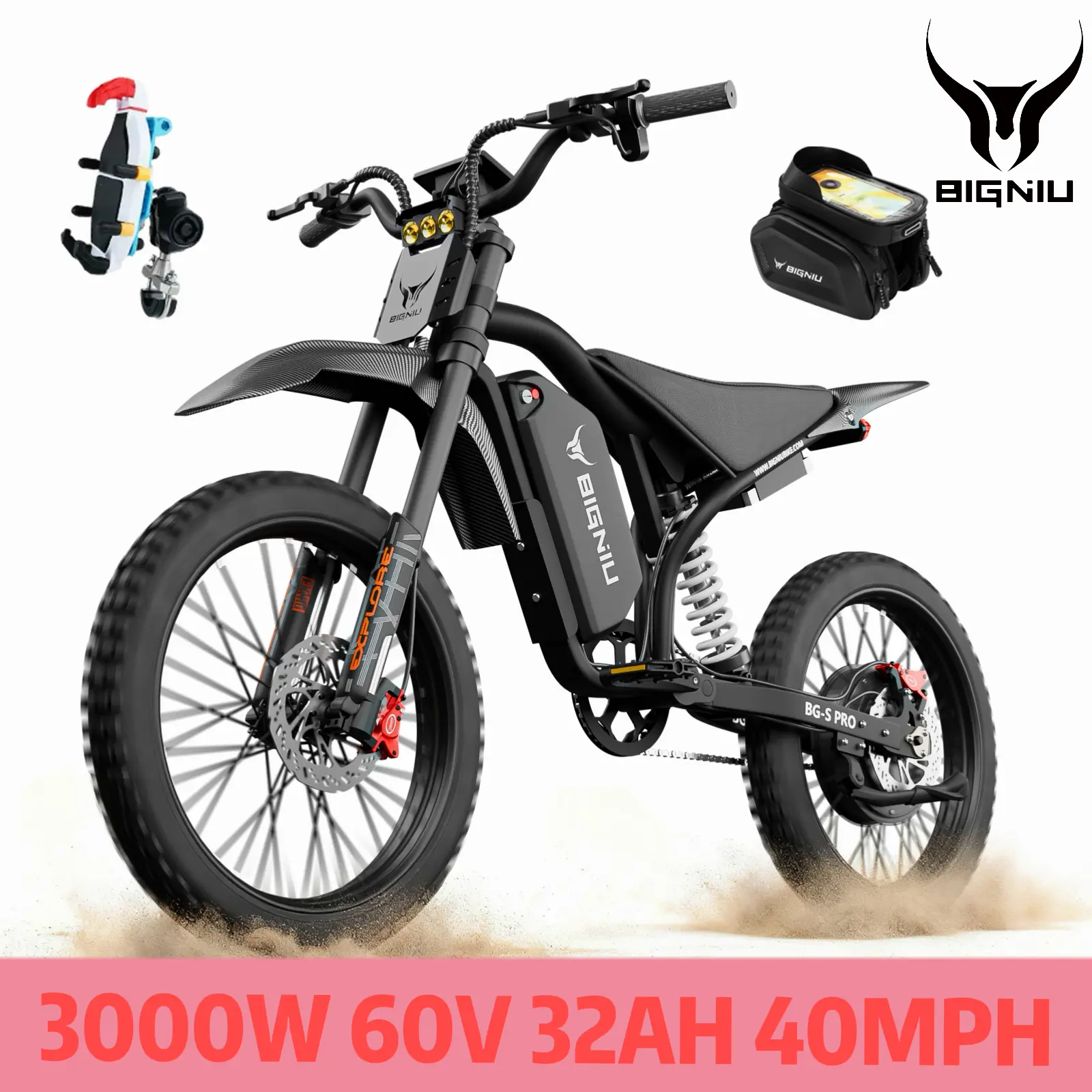 【BIGNIU BG-S PRO】Adult Electric Bike – 19-inch tires,  60V 32A battery, dual hydraulic brakes, suitable for both off-road and city riding. BGS Pro.