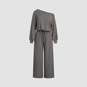 Cider Jersey Asymmetrical Neck Drawstring Oversized Long Sleeve Wide Leg Jumpsuit