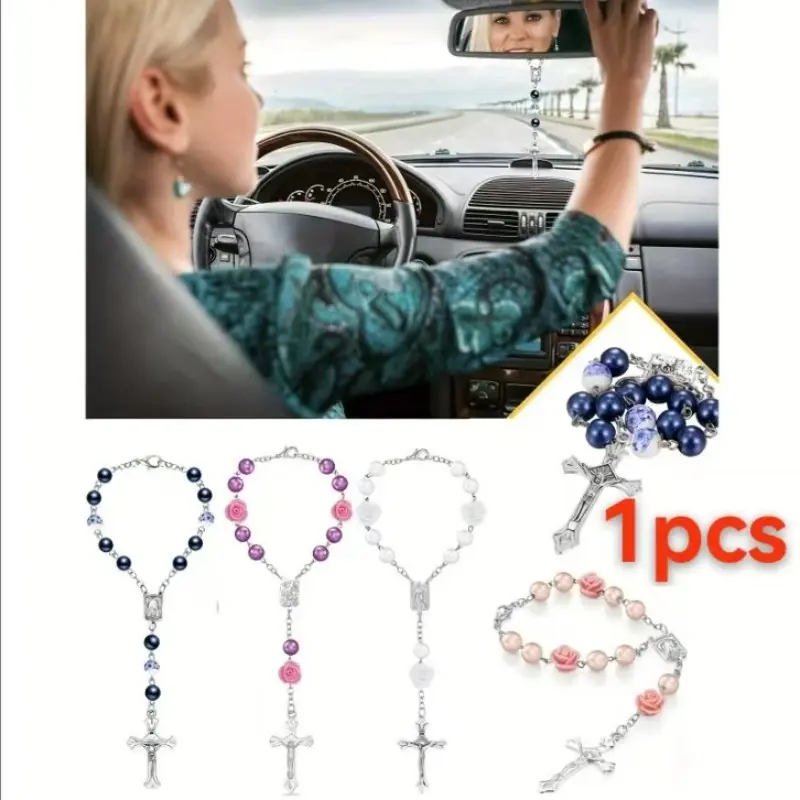 1ppcabs car rosary mirror, rearview mirror beads, rose medals, prayer beads, interior decoration, Car Interior Decorative, cross hanging accessories, suitable for women and men, Car Ornament, Car Trinkets, Car Accessory, Car Decorations