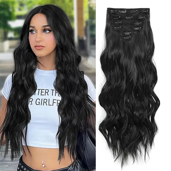 Clips in Synthetic Hair Extensions Long Wavy 6PCS Thick Hairpieces Black Fiber Double Weft Natural Hair Extensions 24 Inch for Women