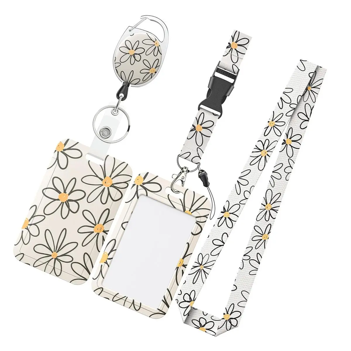 Flower Pattern ID Badge Holder Set, Retractable Badge Holders, 1 Set Retractable Badge Reel with Personalized Lanyard & Card Holder, Identification Badges & Supplies for Office