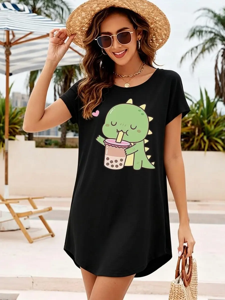 Women's Black Short-Sleeve Curved Hem Midi Tunic Dress - Kawaii Green Dinosaur Bubble Tea Graphic, Soft Loose Basic Casual Wear, Lightweight Breathable Fabric, Comfortable Fit, Machine Washable, TikTok Viral Boba Tea Lover Item sohochic