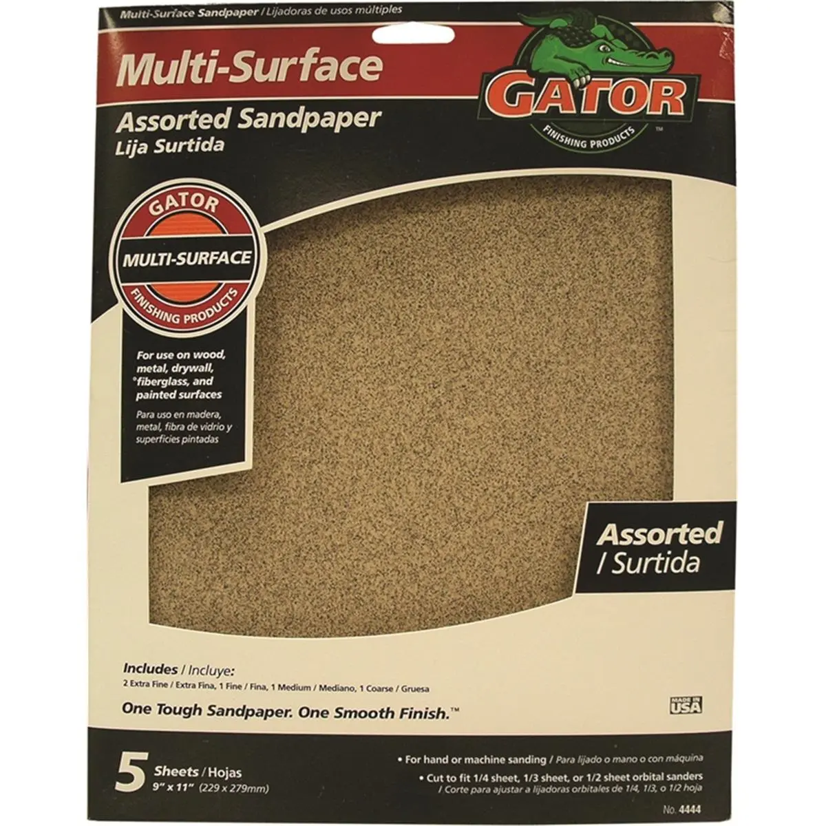 212 MAIN Series 4444 Fiberglass Sanding Paper (Ali 907238) - 9"x11" Aluminum Oxide Assorted Grit Pegable Card, 0.23 lbs, 12.38" h x14.5" w x9.63" l, Hand/Machine Use for Wood/Metal, Reptile & Amphibian Cleaning Tool, Carded, Drywall
