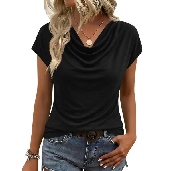 Fisoew Women's Dressy Short Sleeve Cowl Neck Sleeve Shirt Basic, Comfortable, Minimalist Business Casual Women's Tops for 2026 Spring Summer Work Office Style Wear, Fits, Blouses,back to school,back to school shopping, Shortsleeve