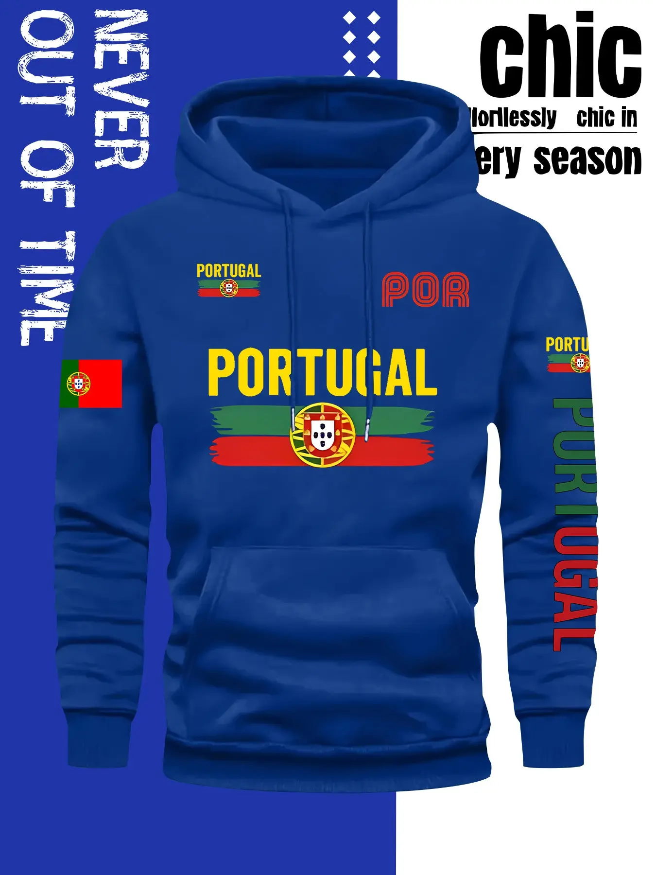 Men's Portugal Geometric Print Fitted Hoodie Sweatshirt, Long Sleeve Pullover, Front Pocket, Fall & Winter Streetwear, Comfortable Casual Fashion