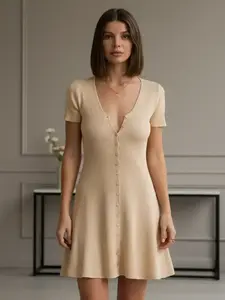 Women's Plain V Neck Button Dress, Casual Short Sleeve Dress for Summer, Fashion Women's Clothes for Daily Wear