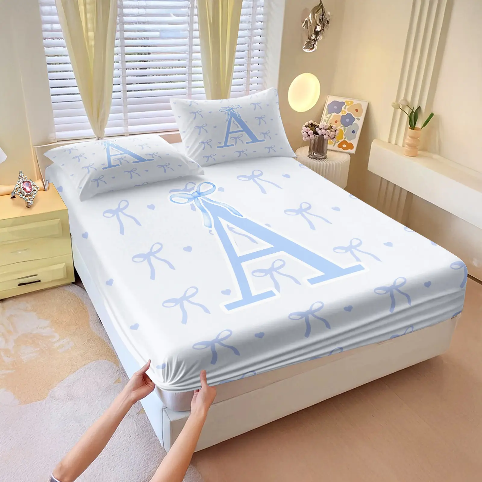 3Pcs Coquette Light Blue Initial A-Z Fitted Sheet Set No Fillers, Watercolor Bowknot Print Bed Sheet Set, Sweet Pastel Bow Heart Bedding Set with Pillowcases, Deep Pocket for Teen Girls Kids Bedroom Decor