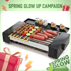 TMWINGS 2-in-1 Hot Dog Roller Grill, Indoor Electric Grill with Non-Stick Griddle, Smokeless BBQ Grill for Hot Dogs, Sausages, Brats, Kebabs, Skewers & Breakfast Links, Portable Countertop Barbecue Cooker for Home Kitchen, Family Parties & Game Day