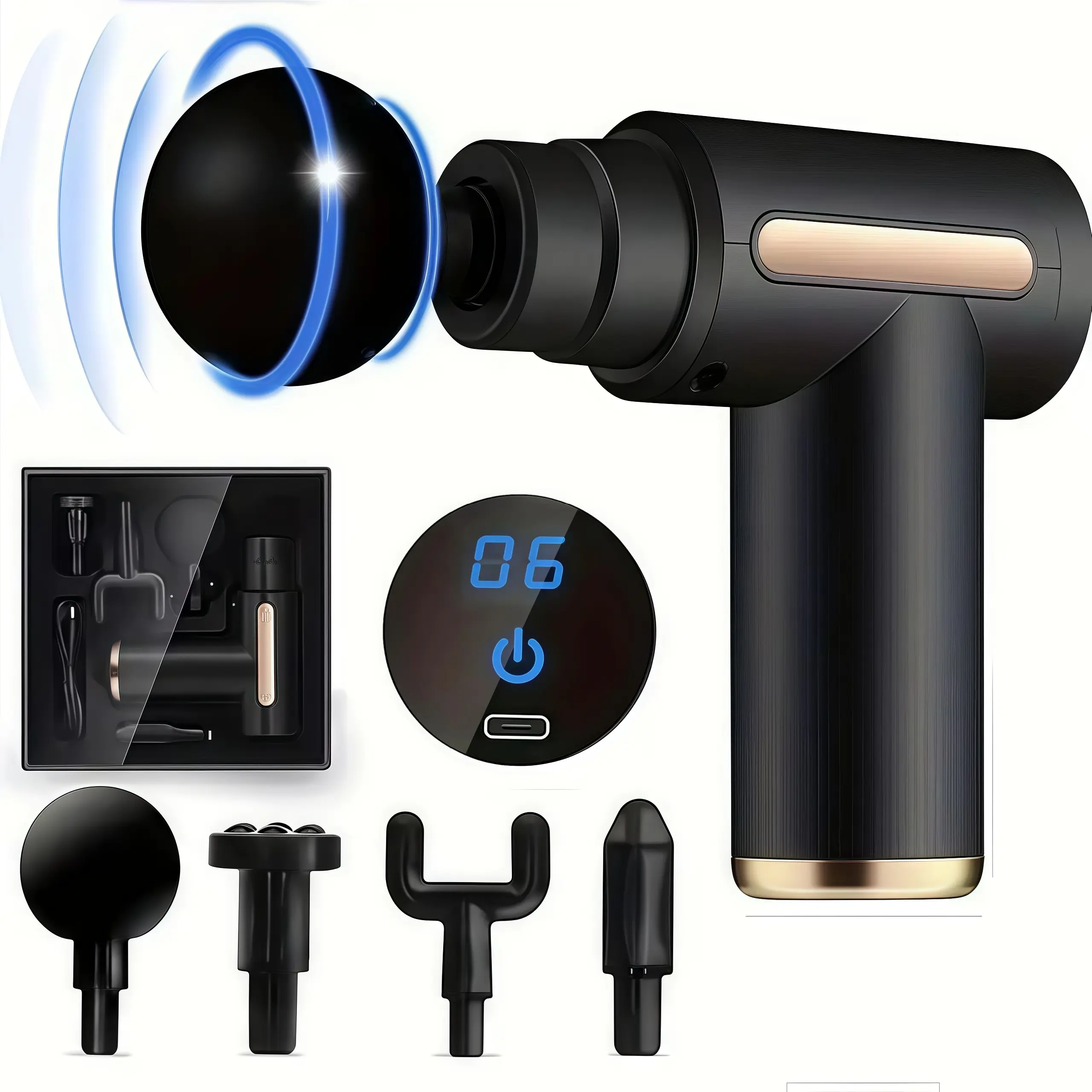 Youth Black Portable Mini Massage Gun - USB Rechargeable Handheld Electric Fascia Massager with 4 Replaceable Heads, USB Port, Pain Relief, Exercise Aid, Fragrance Free Full Body Gift for Boyfriend (Home & Festive Gift Supplies), Back
