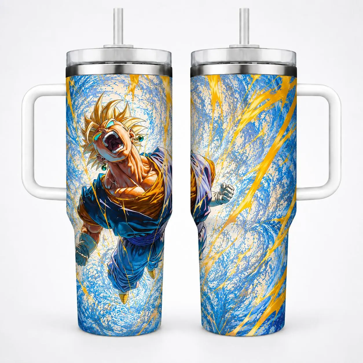 Golden Saiyan Anime Warrior 40oz Tumbler with Handle, Electric Power Manga Cup, Shonen Fighter Fan Gift
