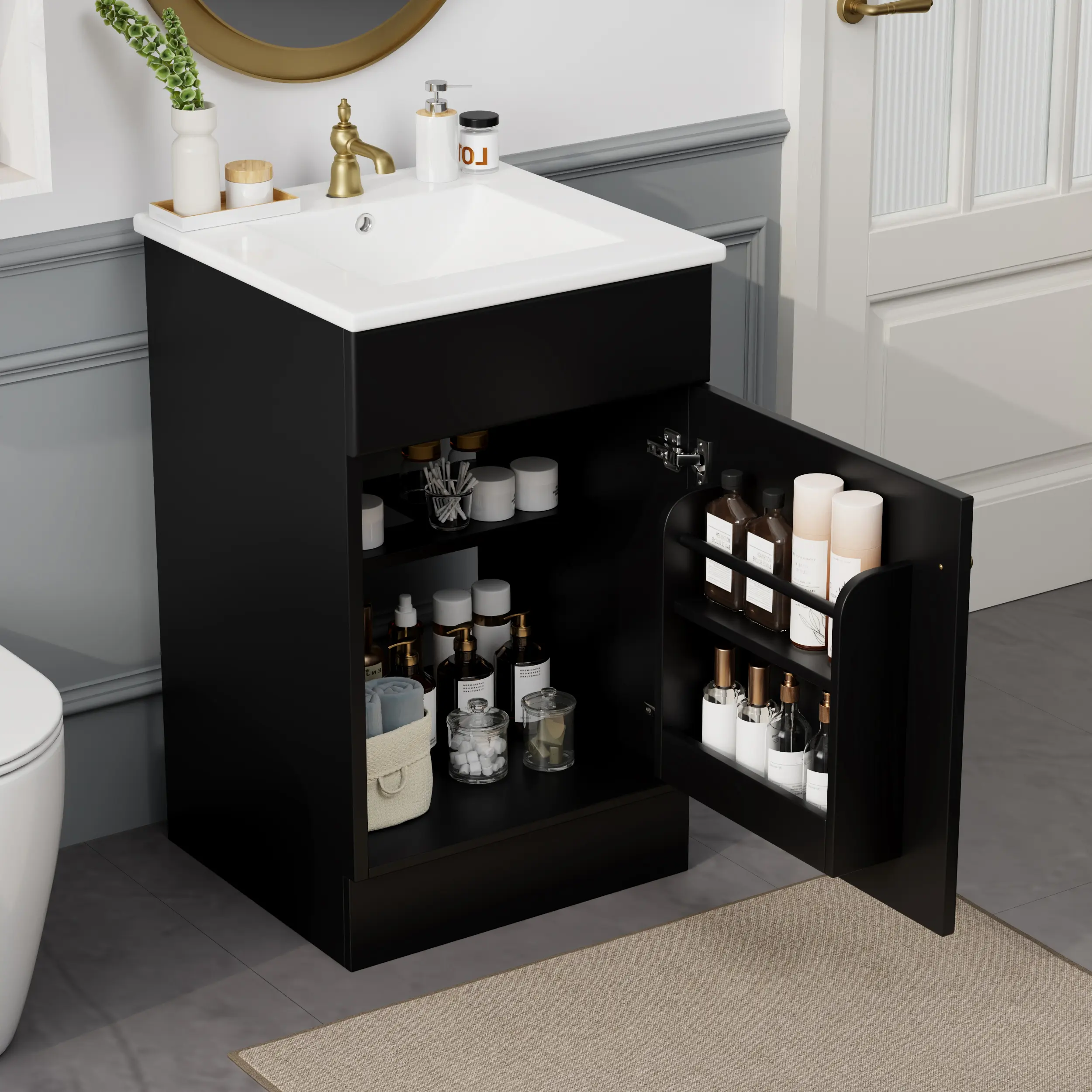 20-Inch Freestanding Bathroom Vanity Cabinet with Integrated Sink, Door Shelf, and Adjustable Shelf, Black Finish, Compact Floor Storage Unit for Small Spaces