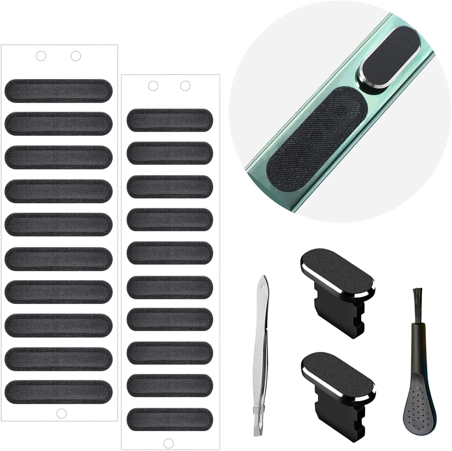 Phone Speaker Dustproof Stickers Protector Accessories, Anti-Dust Adhesive Cover with Dust Plug, Port Cleaning Brush & Tweezer, Compatible with iPhone 14,13,12 Pro Max,11 (Black)