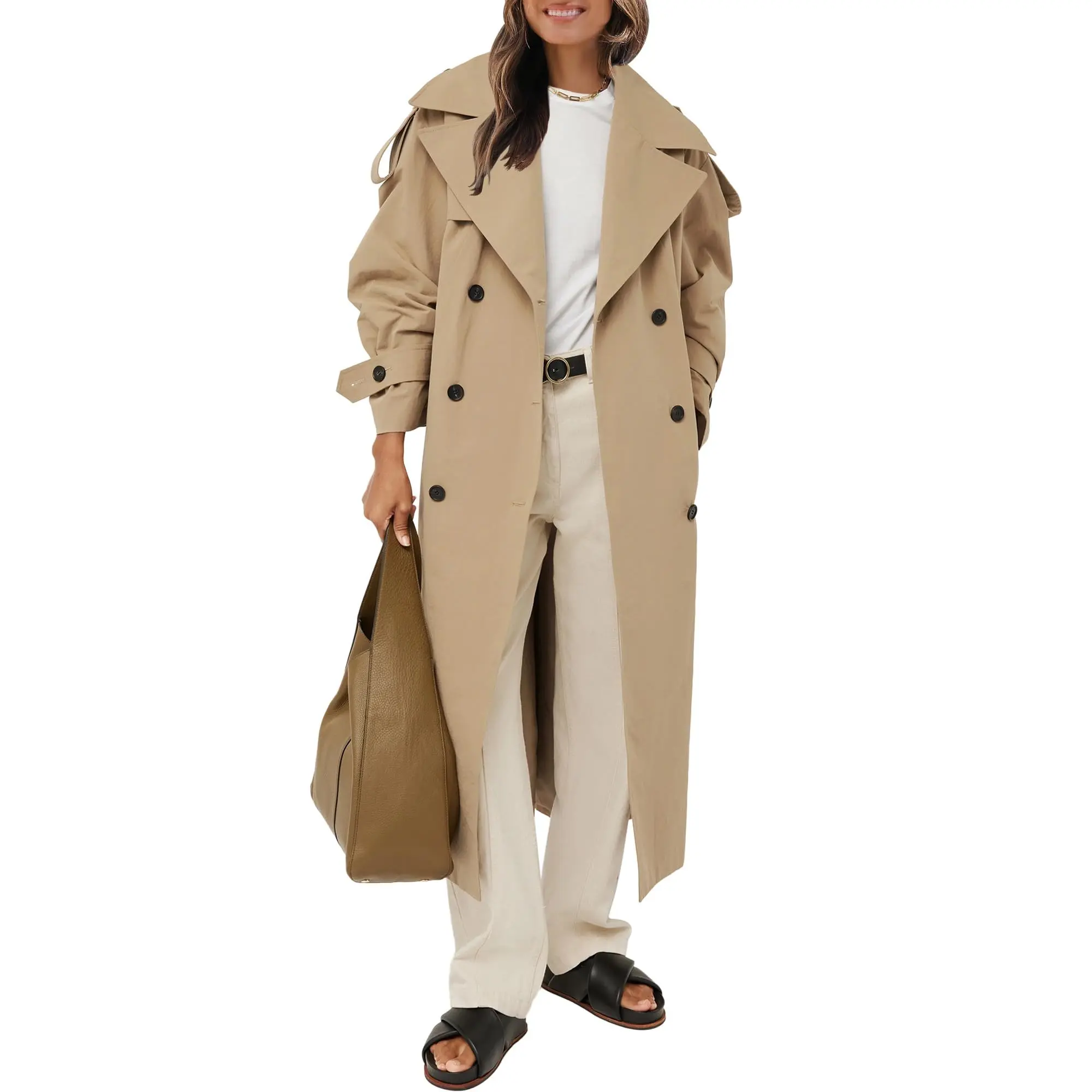 Beotyshow Womens Oversized Long Trench Coat Double Breasted Lapel Windproof Overcoat with Belt