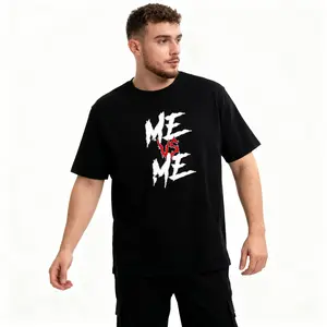 Men's Round Neck Soft Stylish Short-Sleeve Cotton Graphic T-Shirt - Menswear Motivational "Me Vs Me" Slogan Print, Breathable Casual Streetwear Top for Summer Daily Wear