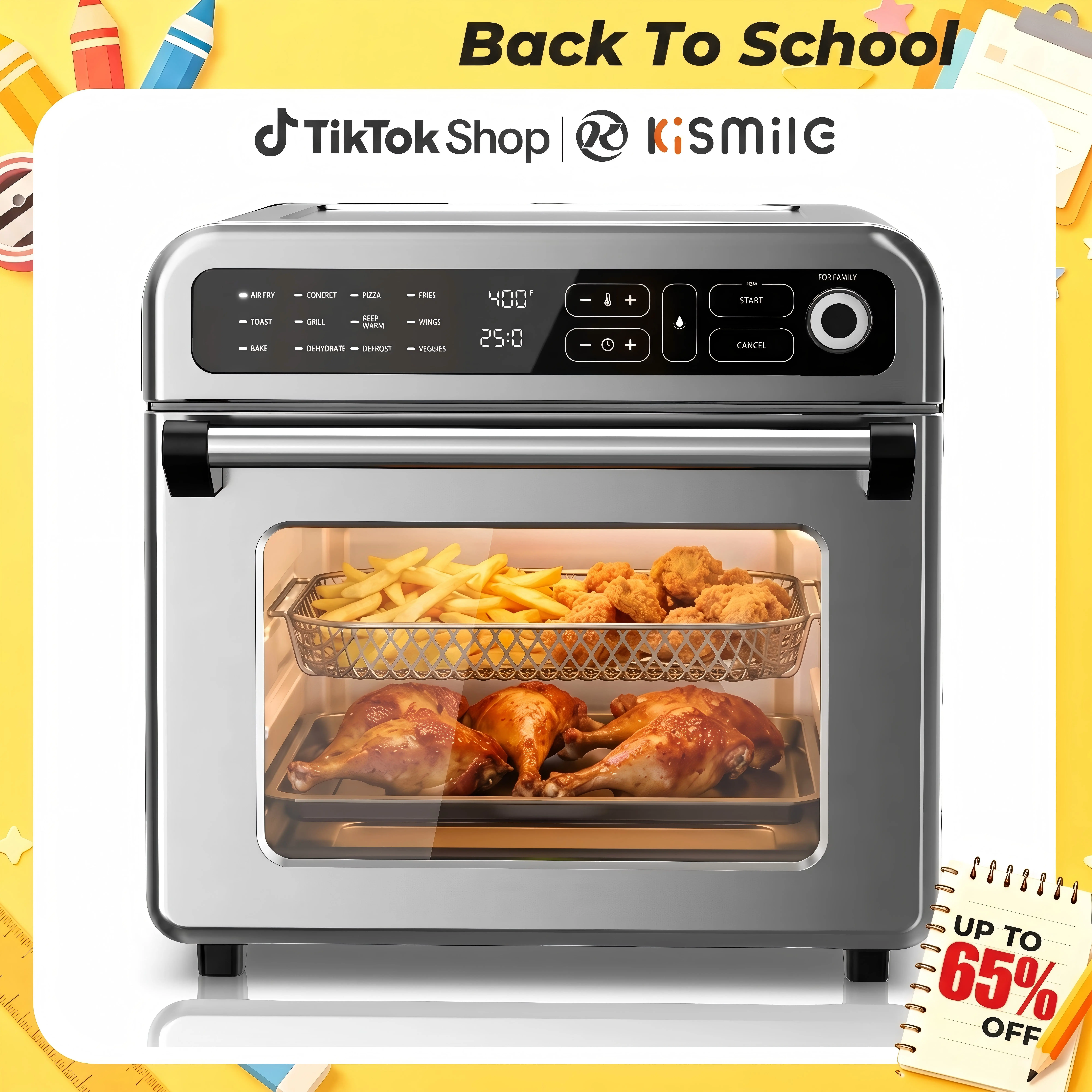 Kismile 20QT/25QT 1400W Air Fryer Toaster Oven Combo for Couples, 12-in-1 Programmable Convection Oven, 70°F to 450°F Adjustable Temperature, Bake, Roast, Reheat, Broil, Fits 8-10" Pizza, Includes Baking Pan & Full Accessories, Stainless Steel, 60 Minutes
