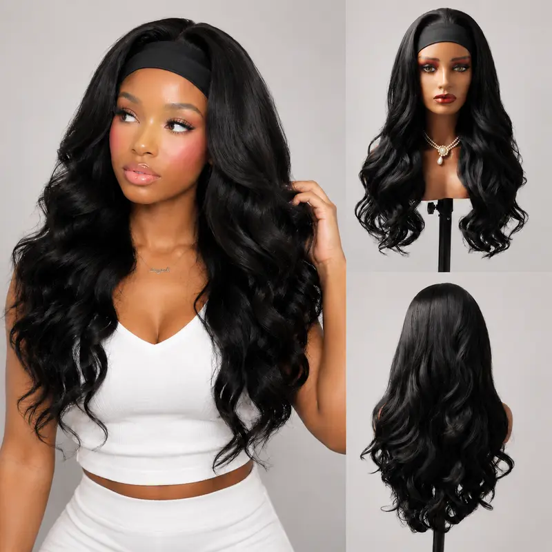 NOKOARI Women's Glueless Yaki Headband Wig - 26in Black Heat-Resistant Synthetic Full Machine Wig, Wear-and-Go Lightweight Natural Look for Beginners