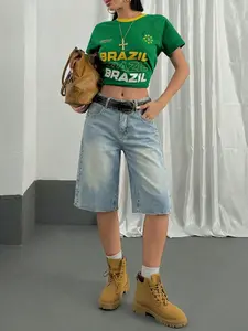 Blue American Vintage Light Wash Y2K Streetwear Hot Girl Must-Have Wide Leg Button Jeans Mid-Thigh Pants, Casual Denim Shorts for Women, Fitted, Womenswear Everyday Bottom