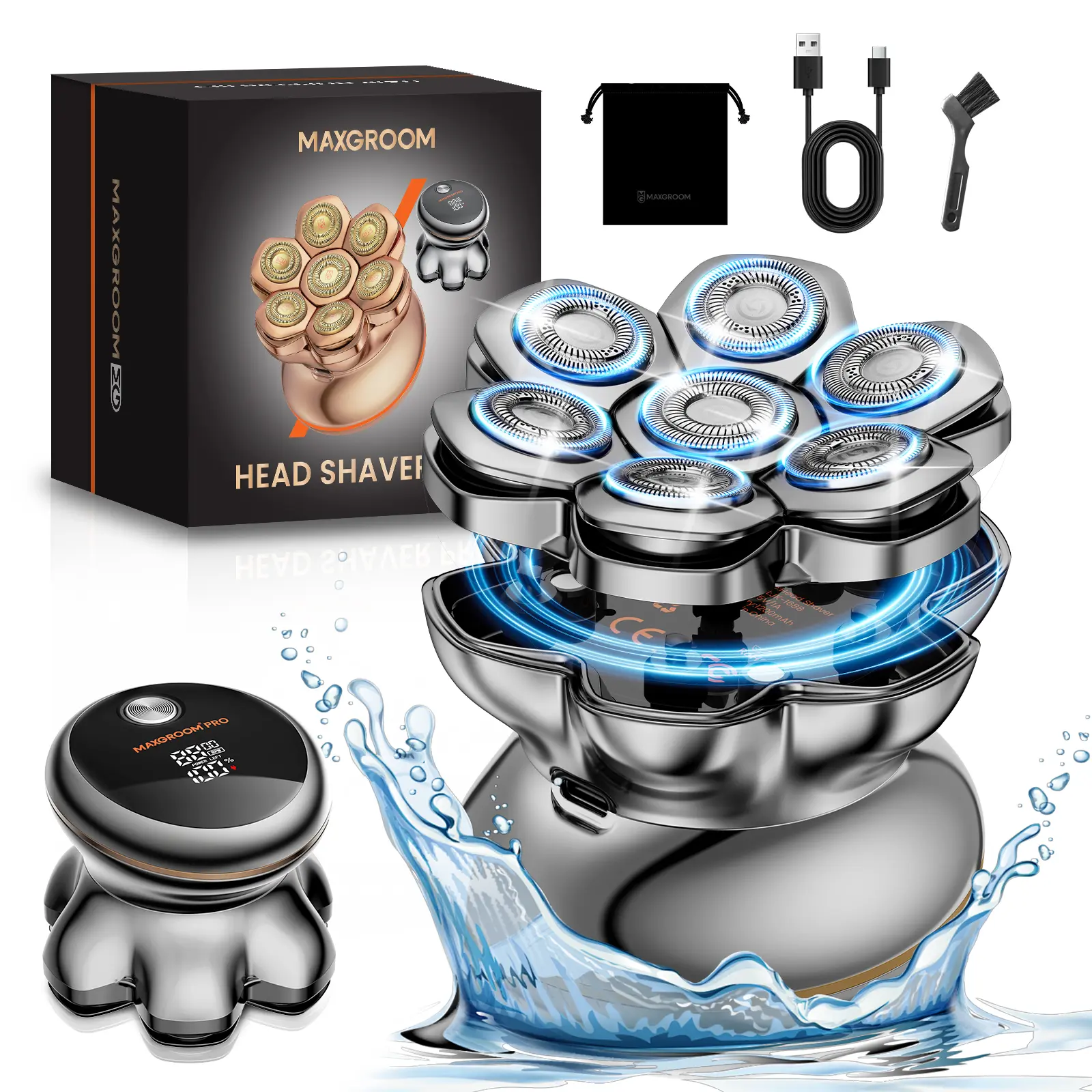 MAXGROOM PRO 7D Cordless USB Rechargeable Head Shaver for Bald Men, Electric Razor with 7D Flexible Blades, Long Battery Life, IPX6 Waterproof, LED Display, 2 Speed Settings, Cooling Design, Smooth Shave Premium Gift, Cordless Rechargeable Shaver, Usb Rec