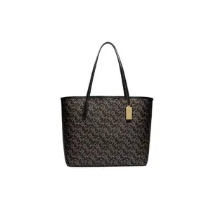 Coach City 33 Classic Monogram Snap-Top Canvas and Leather Tote Bag for Women, Black
