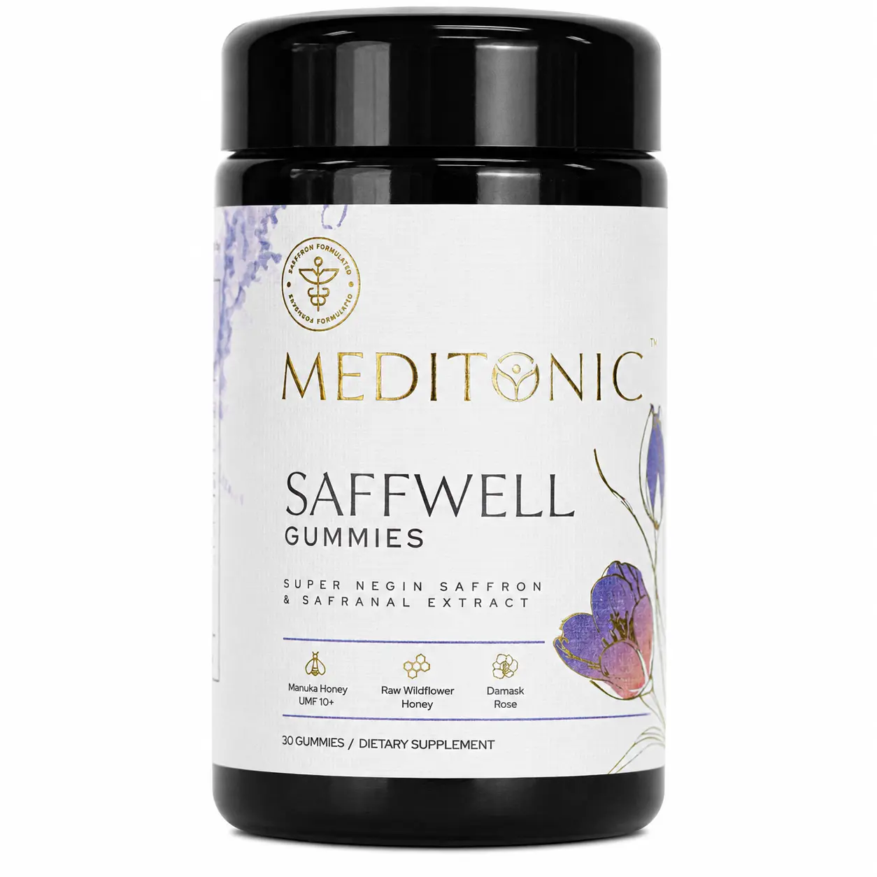 Meditonic Saffwell Saffron Gummies - Physician-Formulated, 30-Count Herbal Nutrition Supplement with Safranal, Manuka Honey, Damask Rose, Third-Party Tested, No Artificial Colors/Flavors/Ingredients for Daily Wellness Support
