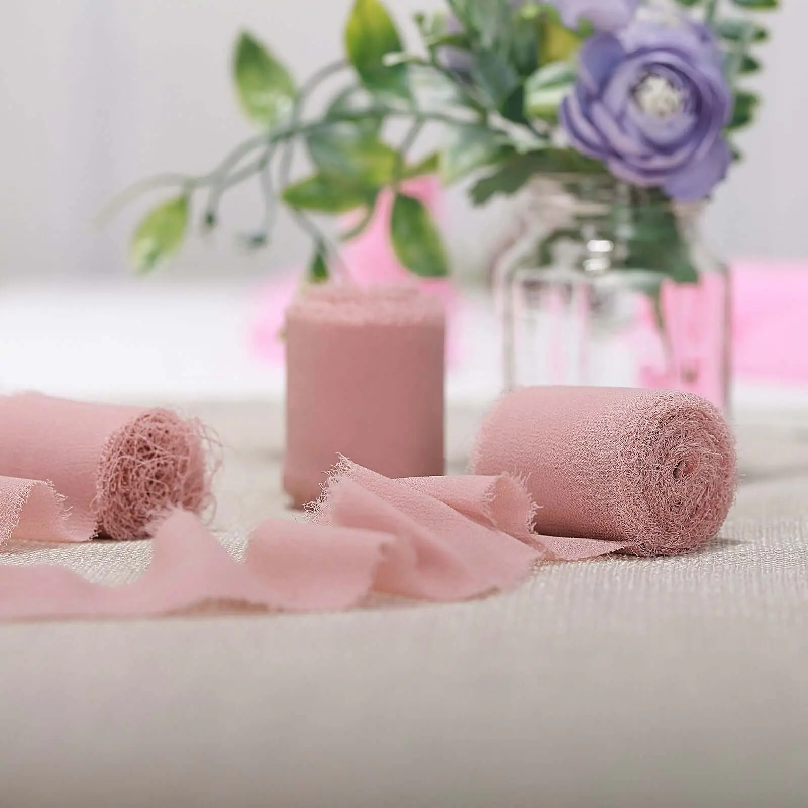 Dusty Rose Silk-Like Chiffon Linen Ribbon Rolls (2 Pack, 6yd Each) - Hand Wash, Hang Dry - Office Stationery for Bouquet Wrap, Backdrop Decorations, Decorative Bow Gifts & Wrapping, Diy Crafts