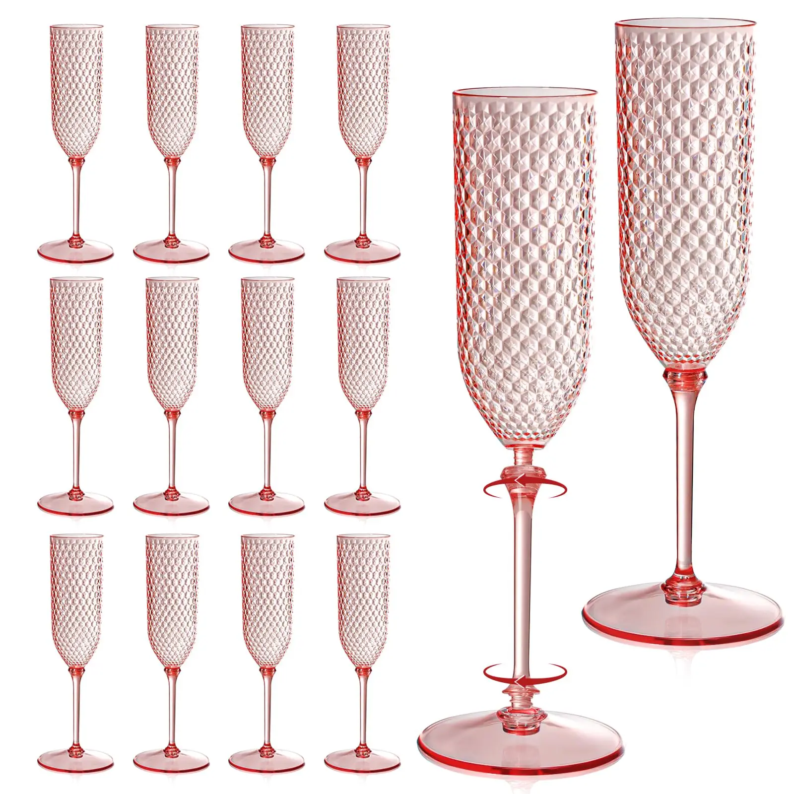 24 Pack Pink Detachable 2 Piece Champagne Flutes 5.5 Oz Unbreakable Plastic Mimosa Disposable Glasses Drinking Cups Stemmed Reusable Wine Toasting For Wedding (24  Clear Pink)
