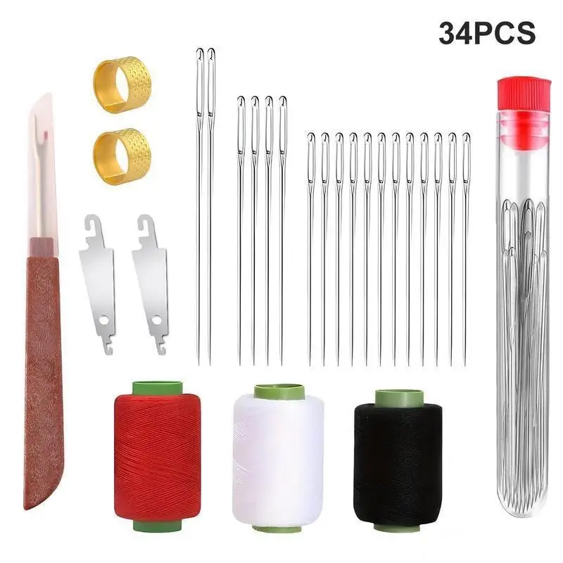 34PCS Big Eye Sewing Needles Kit with Thread Spools �C Easy Thread Steel Hand Needles for Sewing, Mending & DIY Crafts
