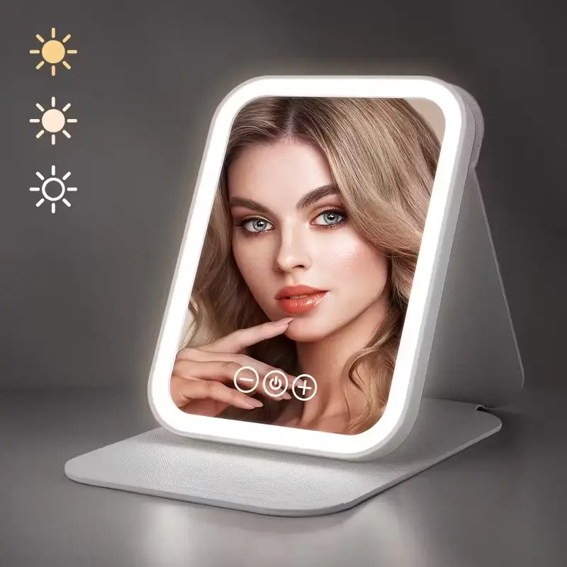 Portable Lighted Makeup Mirror with 3 Color Lighting, Dimmable Touch Screen, Rechargeable USB-C, Foldable Tabletop Vanity Mirror LED Mirror Led Lit Mirror