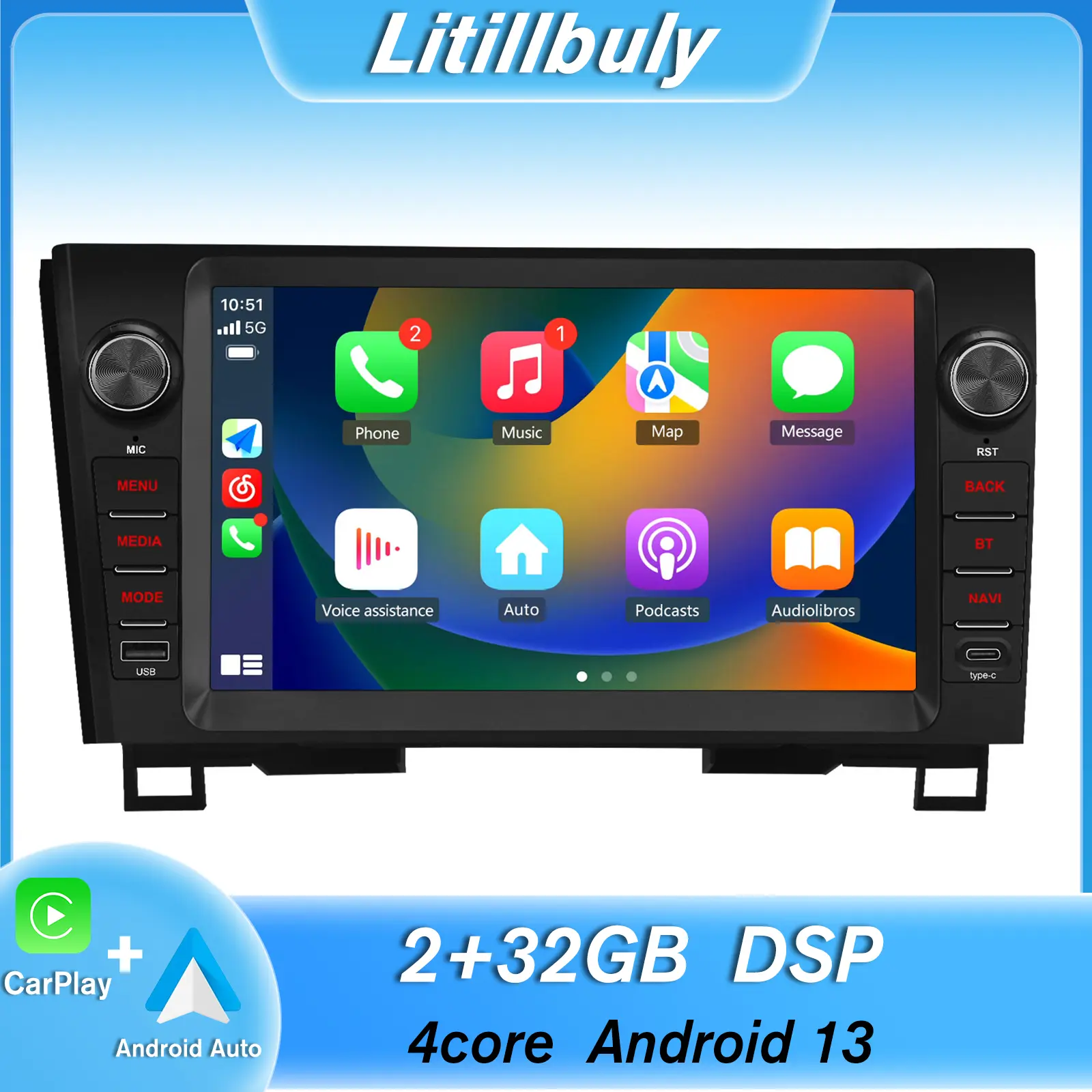 Car Stereo for Toyota Tundra (2007-2013) & Sequoia (2008-2019) touch screen Radio with Android Auto Wireless Carplay, Bluetooth WIFI supports GPS Navigation