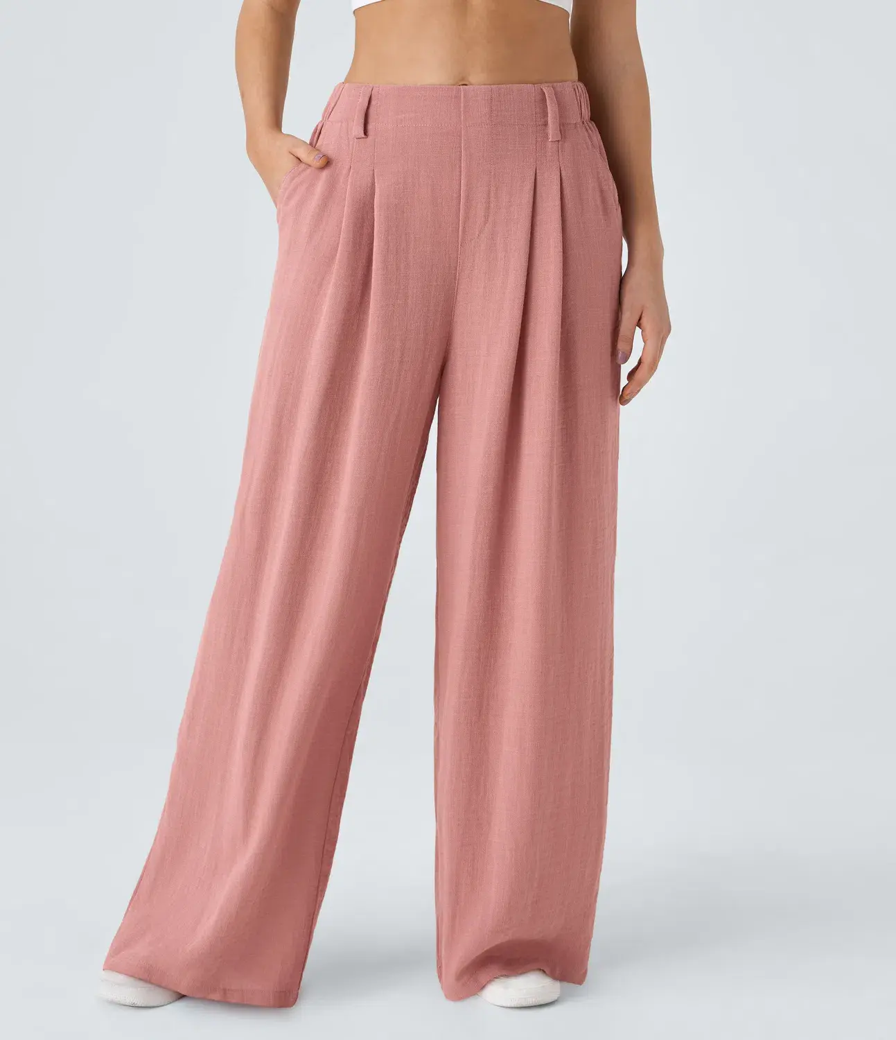 Halara Flex High Waisted Pocket Wide Leg Flowy Solid Palazzo Casual Linen-Feel Pants