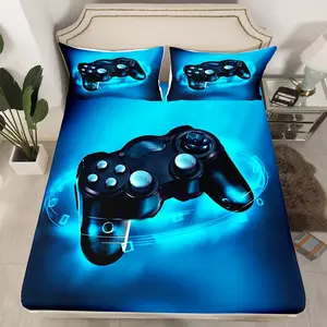 Feelyou Gaming-Themed Bedding Set - Microfiber Material Soft Fitted Sheet & Pillowcase, 1/2 Size Options, Gamer Console Video Game Design, Game Room Decor Bed Cover (Flat Sheet Not Included), Blue