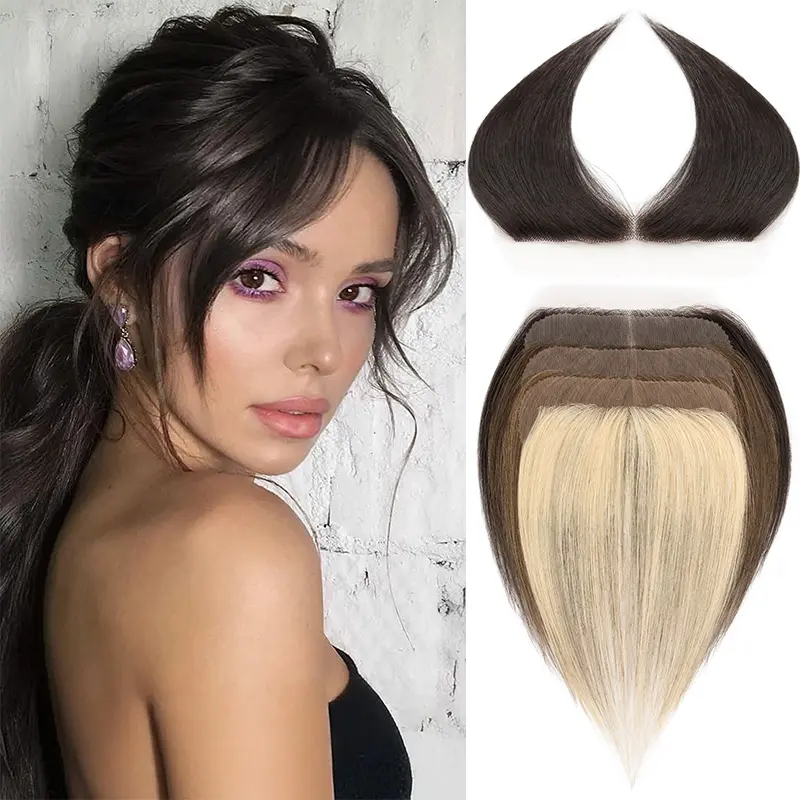 10 Inch Frontal/Side Air Bangs Hairpiece For Women 100% Human Hair Extension Short Straight Middle Parting Hair Style Front Hairline Human Hair Toppers Replacement Toupee 0.75 In X 6.25 In Lace