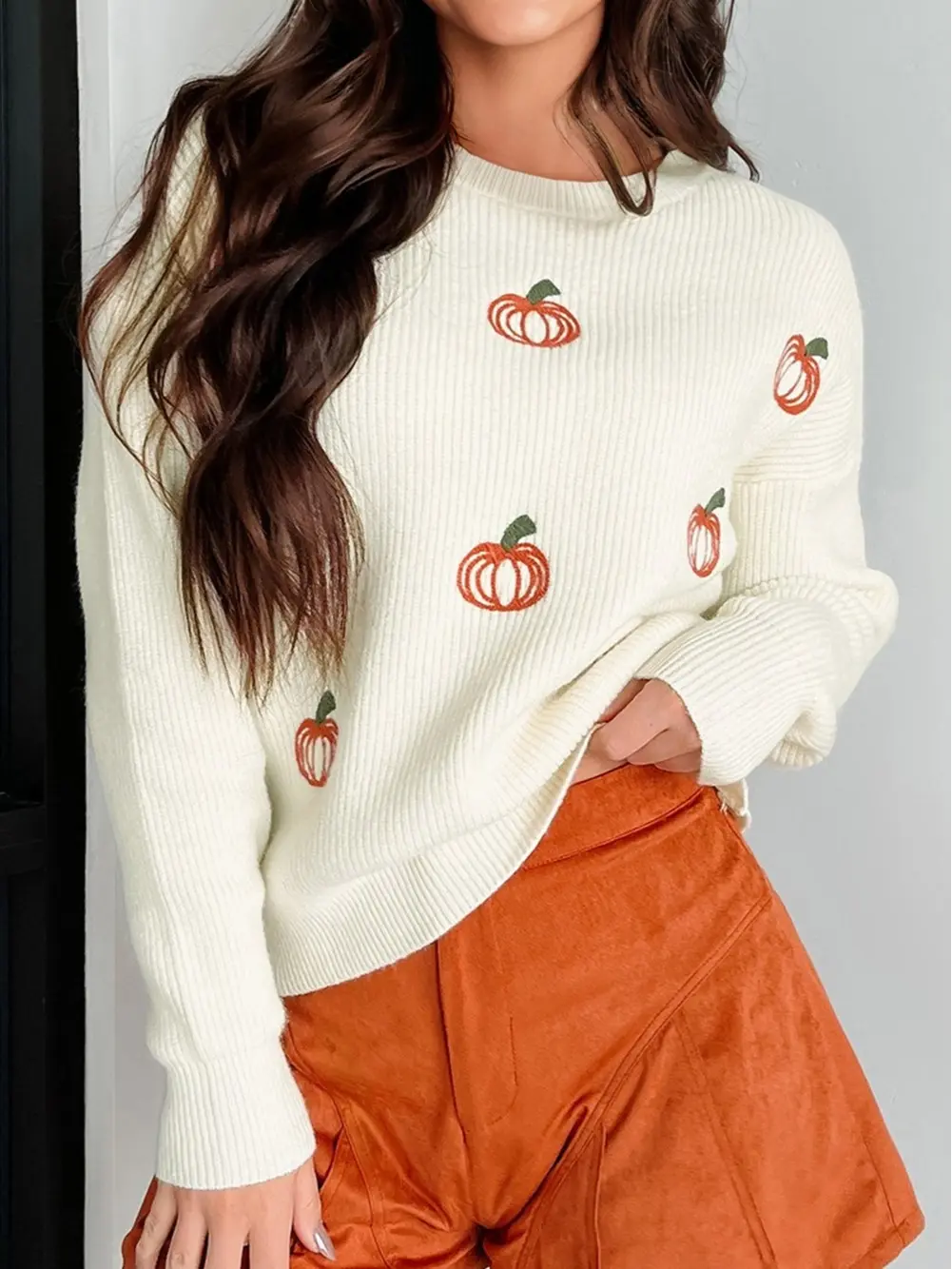 Women's Pumpkin Embroidered Knit Sweater Crewneck Long Sleeve Fall Pullover Tops