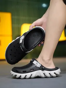 Men's Olive Eva Slippers, Casual Patchwork Design, Adjustable Buckle, Wave Thick Sole, Breathable Comfort, All Seasons, Slipper Straps