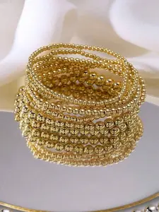 7Pcs 14K Gold Plated Acrylic Pearl Beaded Bracelet Set, Hypoallergenic Bohemian Layered Elastic Stackable Jewelry for Women, Comfort Fit Gift