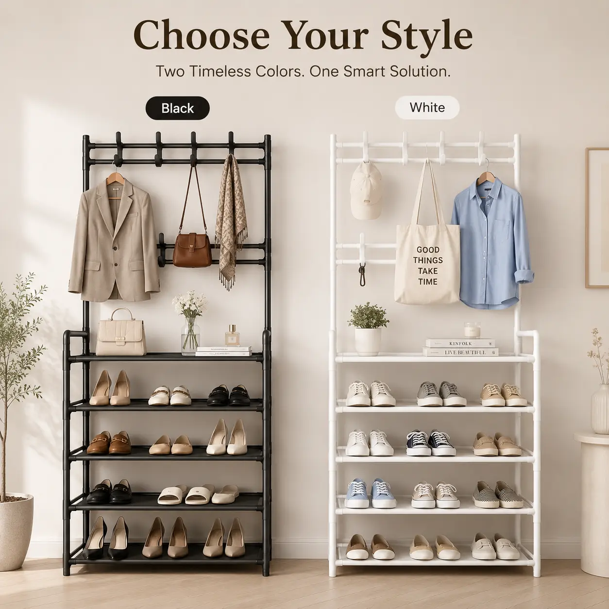 Modern Minimalist Entryway Shoe and Coat Rack Set - 5-Tier Standing Coat Rack with Double-Row Hooks, Multi-Use Home Organizer for Hats, Tool-Free Assembly, Available in Black, White