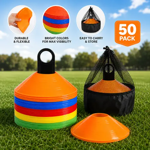 50-Pack Low-Trip Low-Profile Durable Soccer Disc Cones, Flexible Athletic Training Equipment with Easy-to-Carry Bag & Drill Guide, Backyard Practice Markers for Footwork, Fitness Drills, Beginners