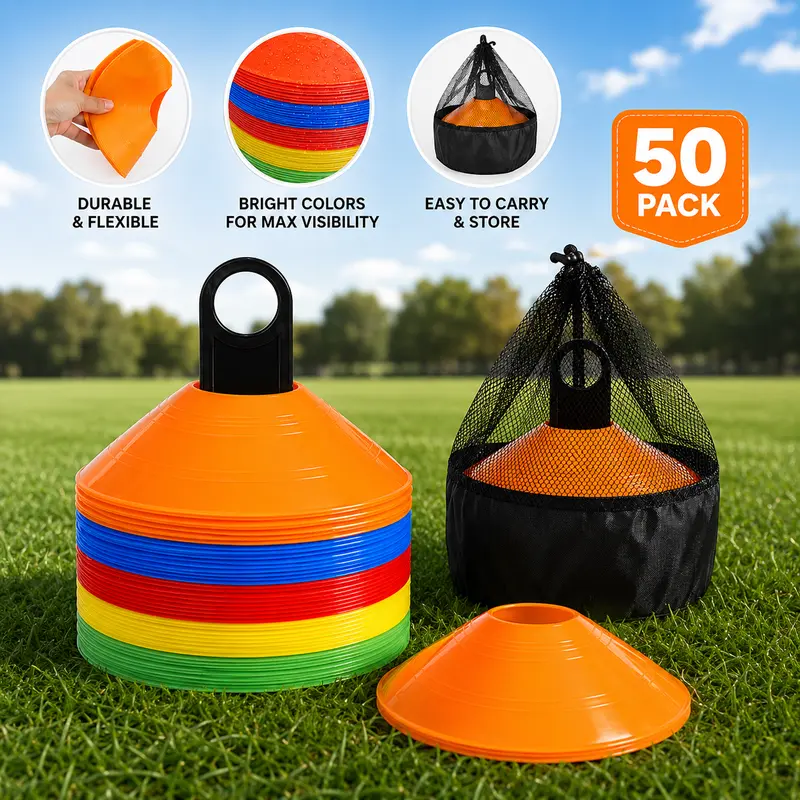 50-Pack Low-Trip Low-Profile Durable Soccer Disc Cones, Flexible Athletic Training Equipment with Easy-to-Carry Bag & Drill Guide, Backyard Practice Markers for Footwork, Fitness Drills, Beginners