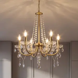 Crystal Chandelier Ceiling Light, Modern Gold LED Pendant Lighting, Dimmable Lighting for Living Room, Bedroom, Dining Room, Hallway & Kitchen. Adjustable Height, E14*6 Bulbs (Not Included)