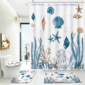 4pcs Nautical Blue Seashell & Starfish Shower Curtain Set, Coastal Ocean Coral Bath Curtain, The floor mat fabric is thicker and softer! Beach Themed Bathroom Decor, Summer & Tropical Vibes